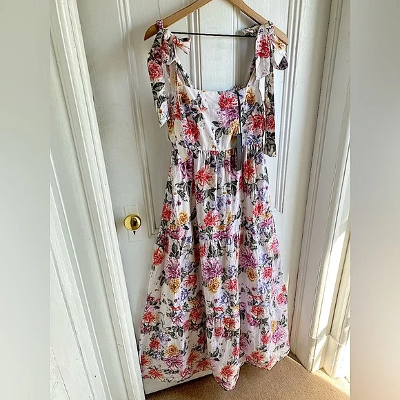 House of Harlow 1960 Dress Floral Linen Tier Bow Tie Shoulders Sz M - Picture 2 of 16